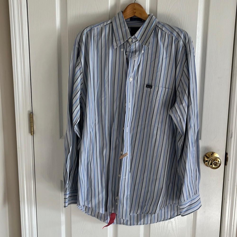 Faconnable Blue & White Striped Long Sleeve Front Pocket Button Down Size Large